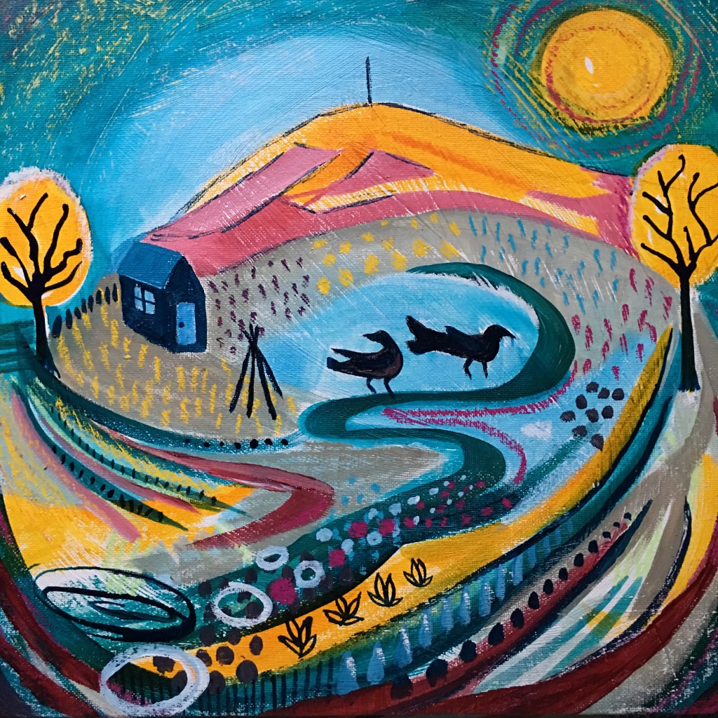 painting of a winter allotment scene and crows by Clare Wassermann